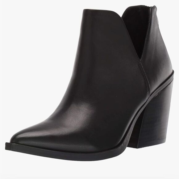 Steve Madden Alyse Side Cut Leather Bootie Black  Block Heel Pointy Boots - Picture 1 of 8